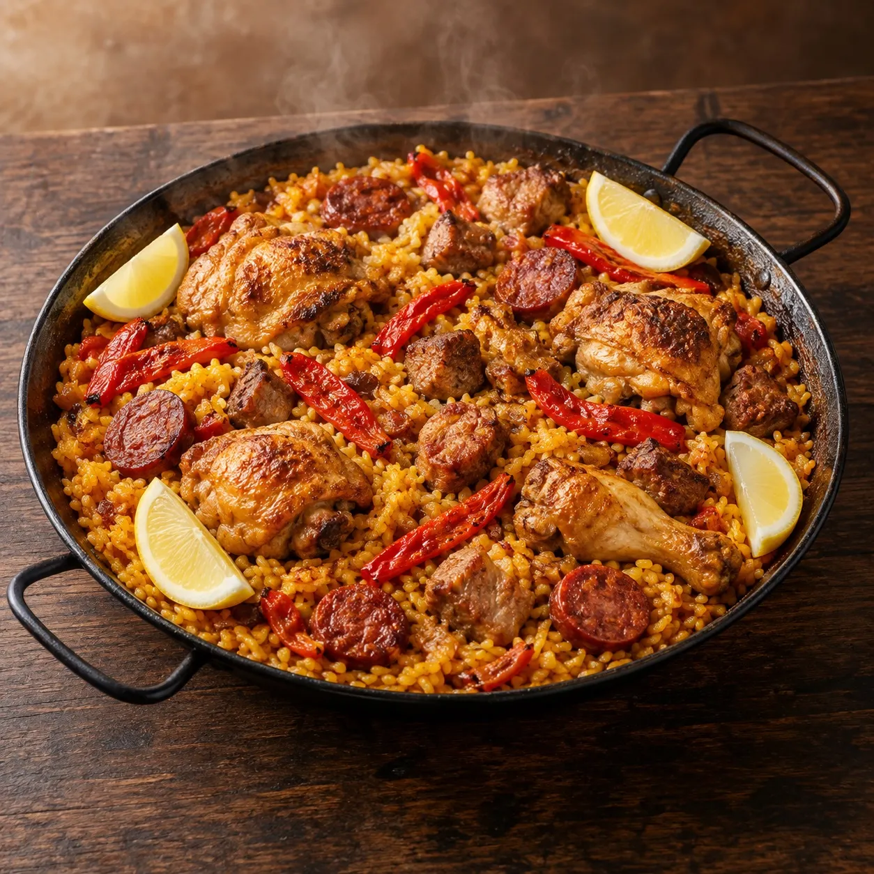 Paella de carne con pollo, cerdo, embutido y pimientos, sin chícharos