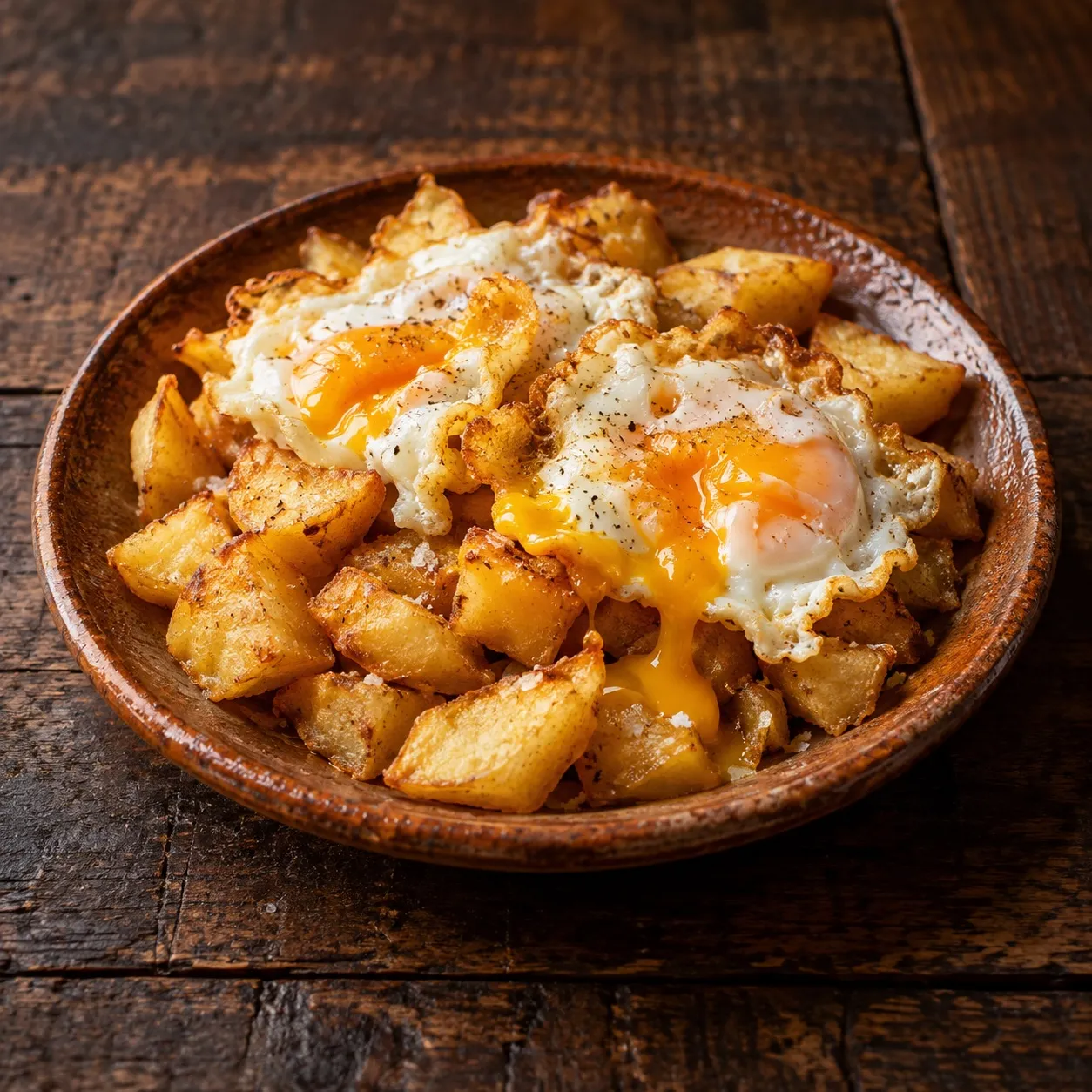 Huevos rotos sobre papas fritas