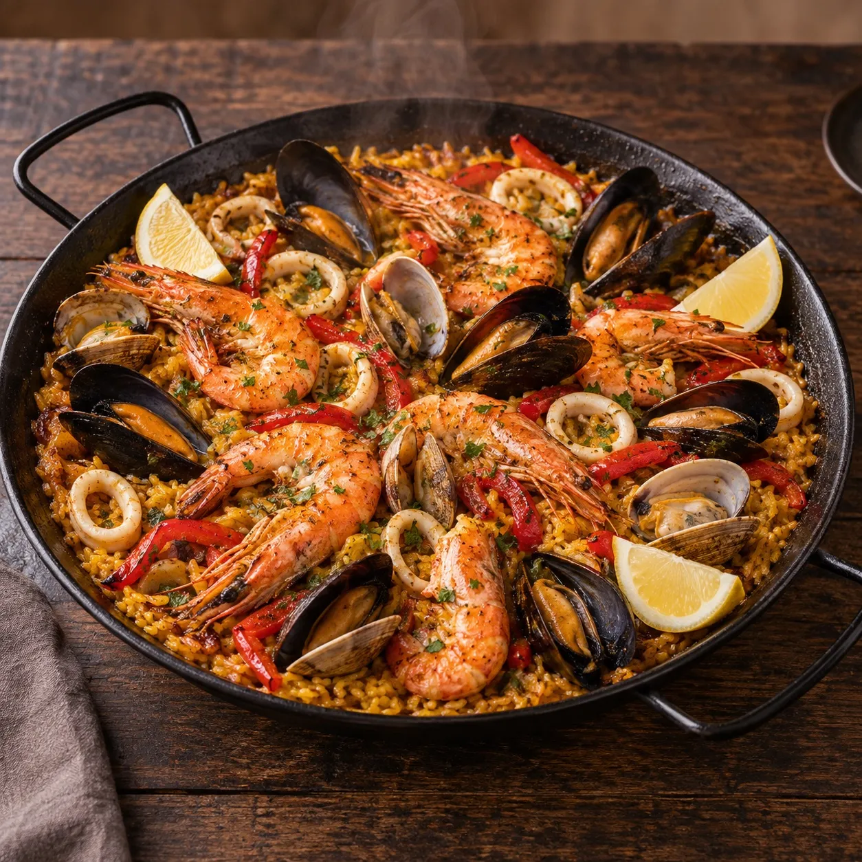 Paella de mariscos con camarones, mejillones, almejas y calamar, sin chícharos