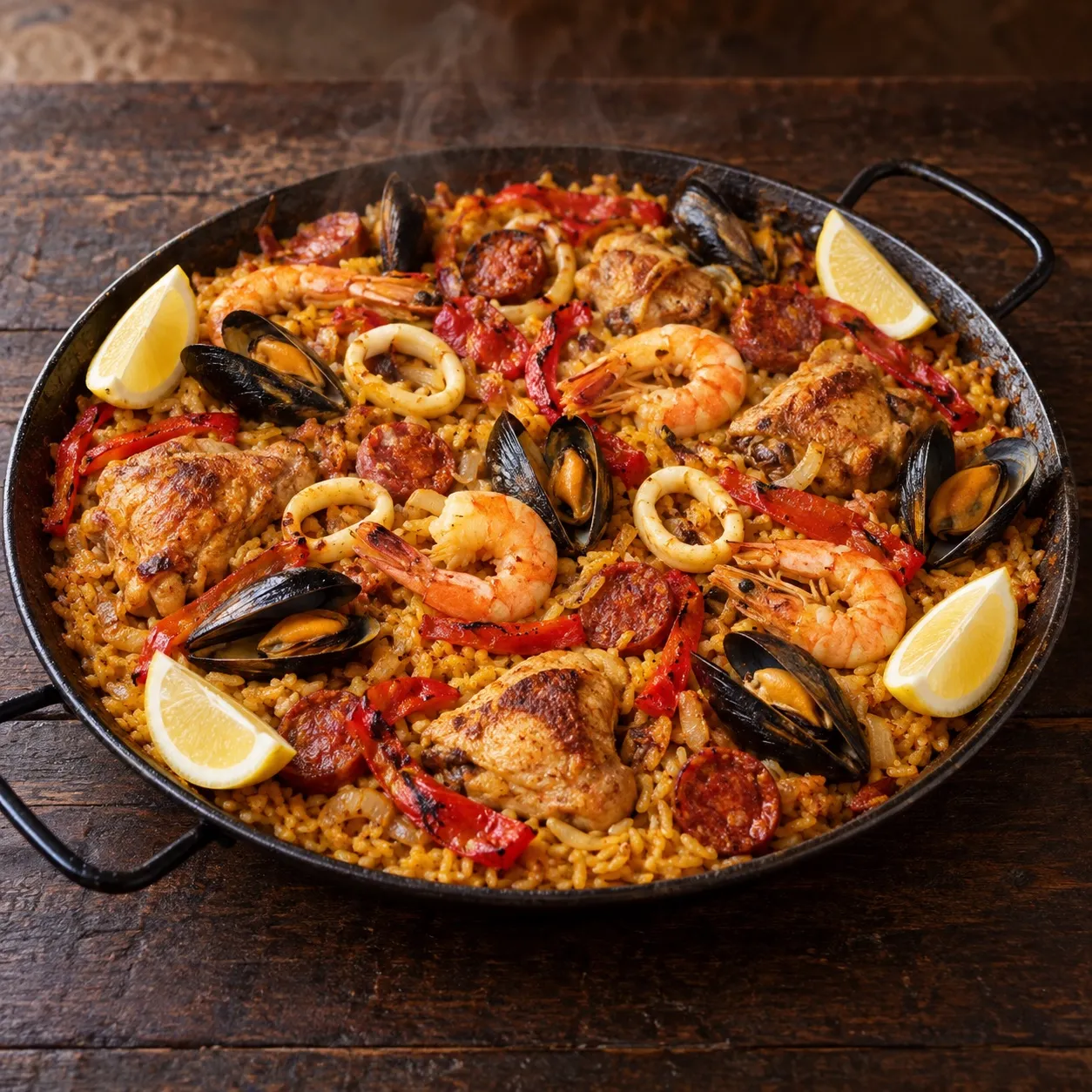 Paella mixta con pollo, camarones, mejillones, calamar y pimiento rojo, sin chícharos